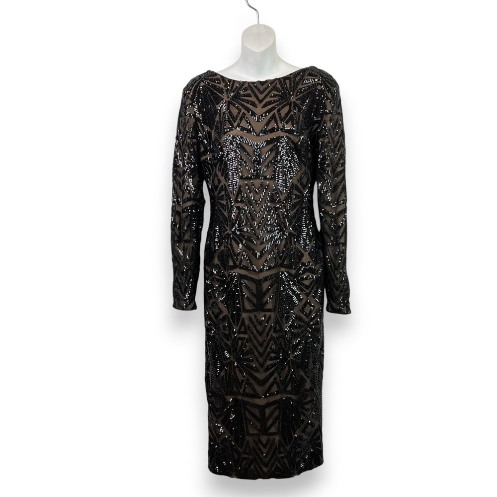 Dress The Population Emery Sequin Midi Dress Women Large Black Tan Glam Art Deco